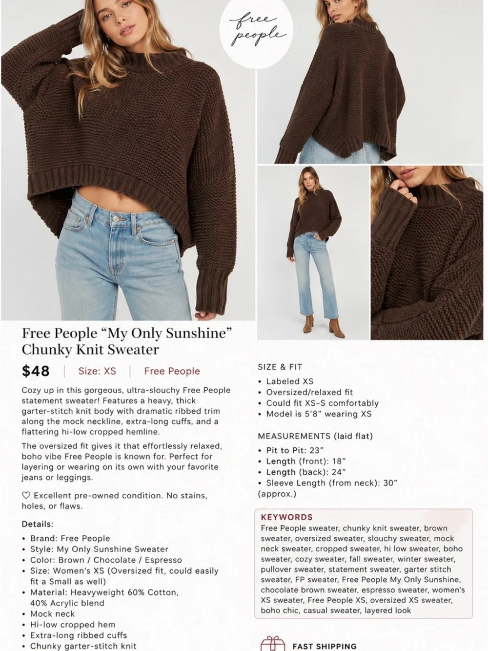 Free People Chunky Cowl Turtleneck Sweater in Chocolate Brown